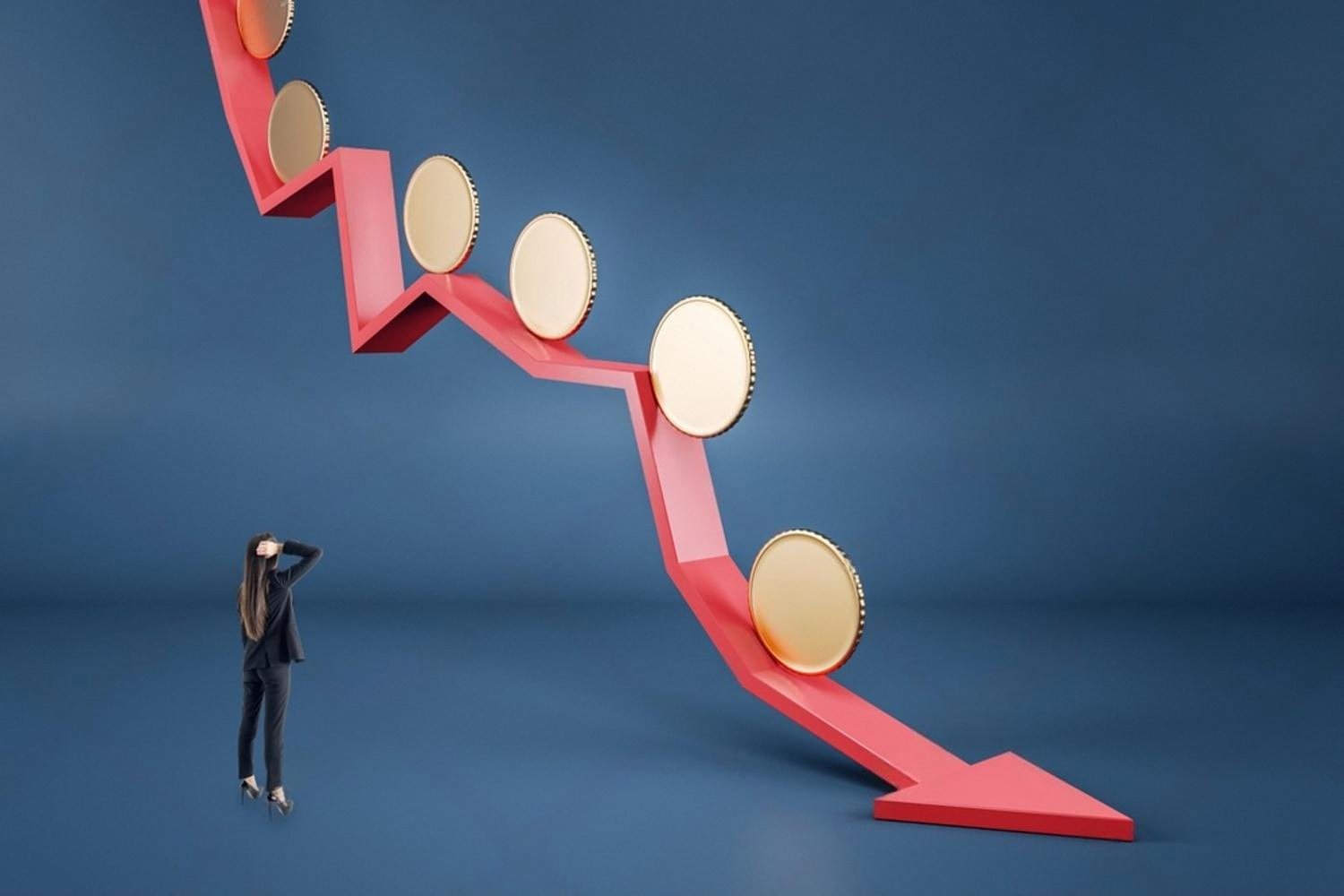 Illustration of a declining red arrow with gold coins representing business financial losses
